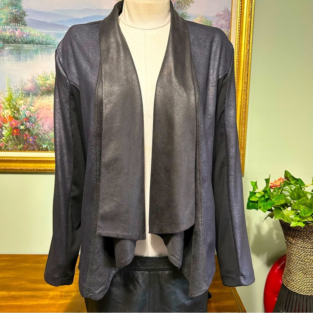 Style & Co Black & Deep Blue Vegan Faux Leather Waterfall Jacket